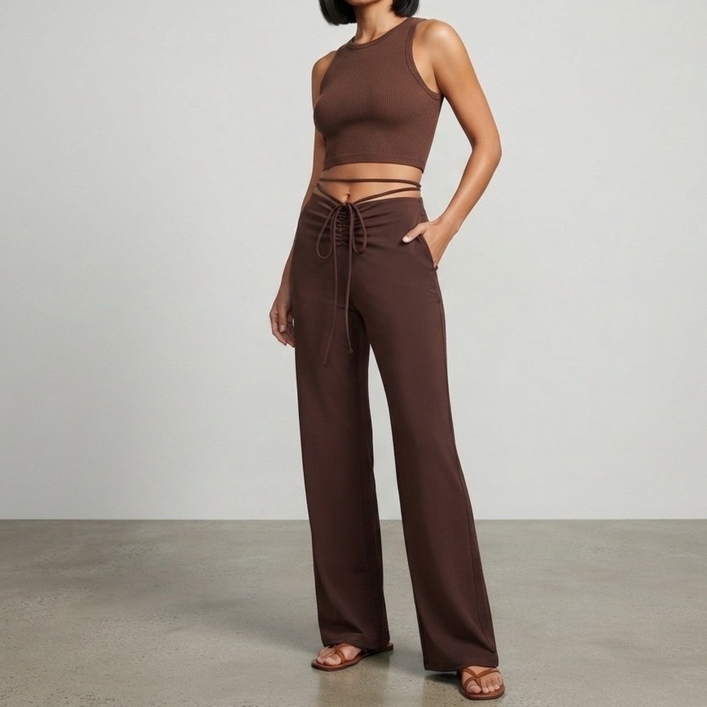 White Fox Boutique Brown Wrap Tie Ruched Back Flare Pants Chocolate Small